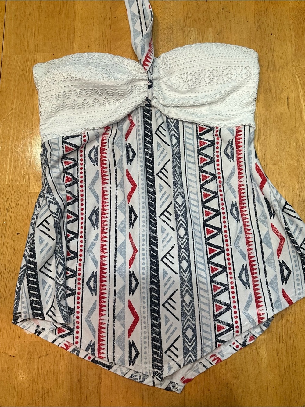 No Boundaries White Crochet Bust Aztec Print Halter Camisole